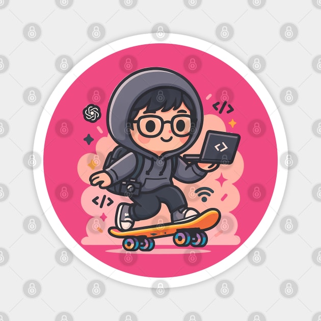 Skate & Code – Kawaii Hacker on Wheels Magnet by Hobby Helpers Merch